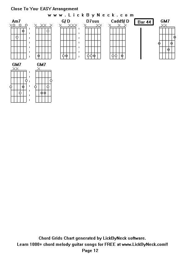 Chord Grids Chart of chord melody fingerstyle guitar song-Close To You- EASY Arrangement,generated by LickByNeck software.